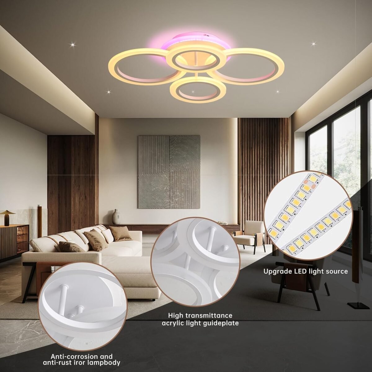 Lustra LED 4 cercuri cu RGB, Telecomanda wifi 2.4G cu lumina/rece/calda/neutra intensitate reglabila